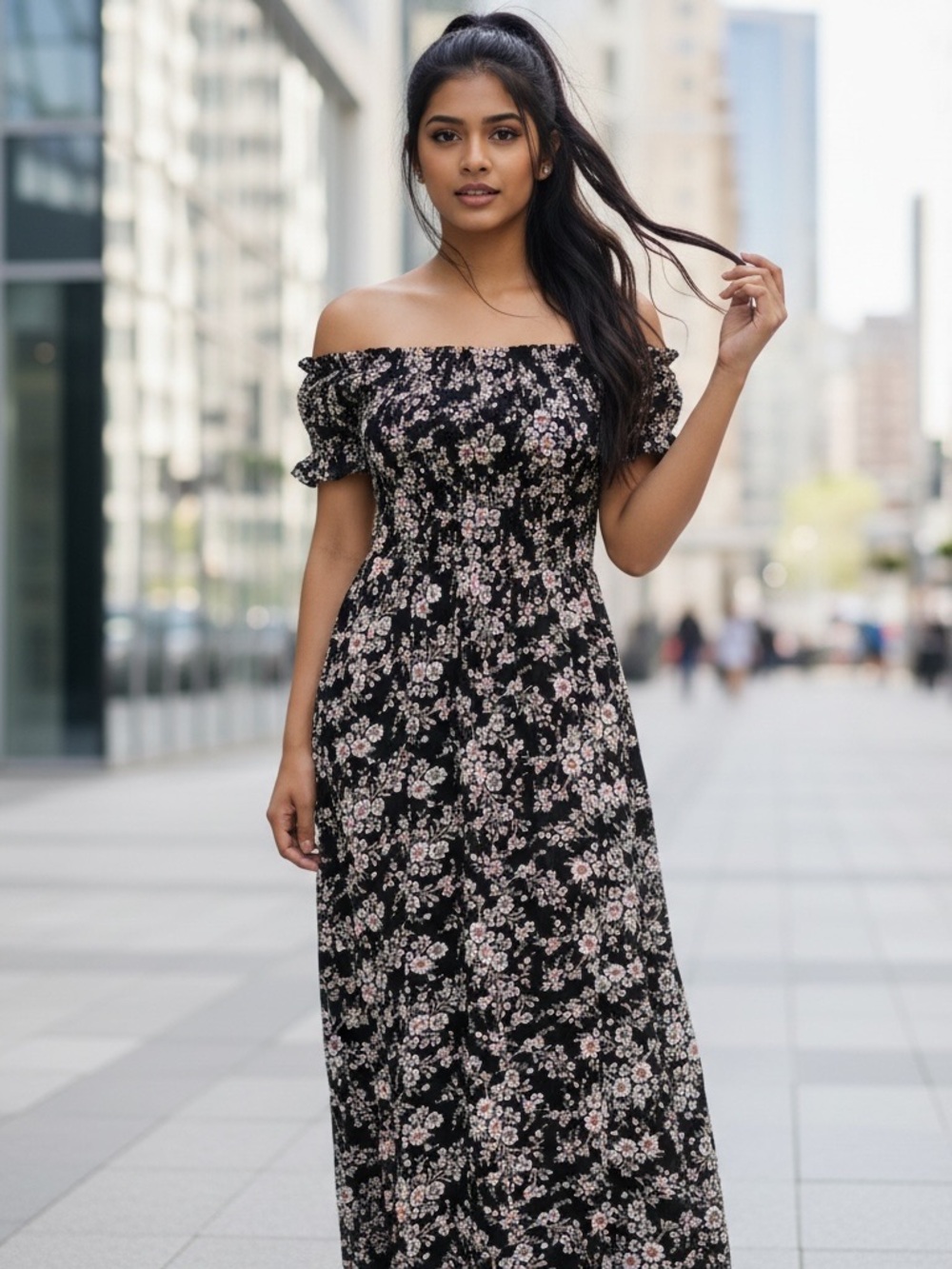 American Eagle Smocked Floral Black Dress, Smocked Top Crinkle Fabric